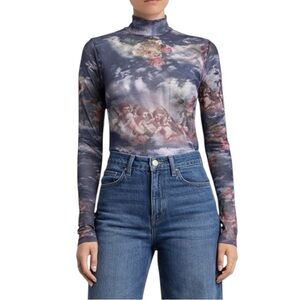 Y2K Sheer Renaissance Cherub Mesh Turtleneck - Long Sleeve Angel Print - Medium
